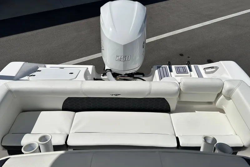 Slide: The Image of 2024 Tidewater 220 LXF boat with white seating and powerful 250 engine. - 13