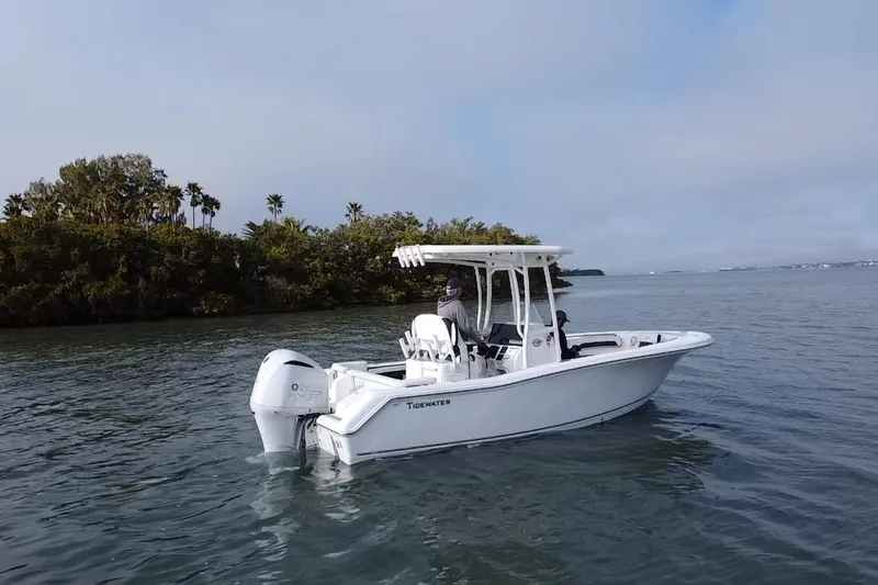 Slide: The Image of 2024 Tidewater 220 LXF boat cruising on calm waters near a lush shoreline. - 19