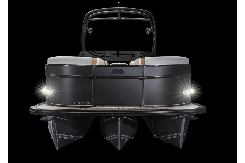 Slide: The Image of Manufacturer Provided Image: 2025 Avalon Catalina Quad Lounger Windshield boat, rear view with lights on, black background. - 2