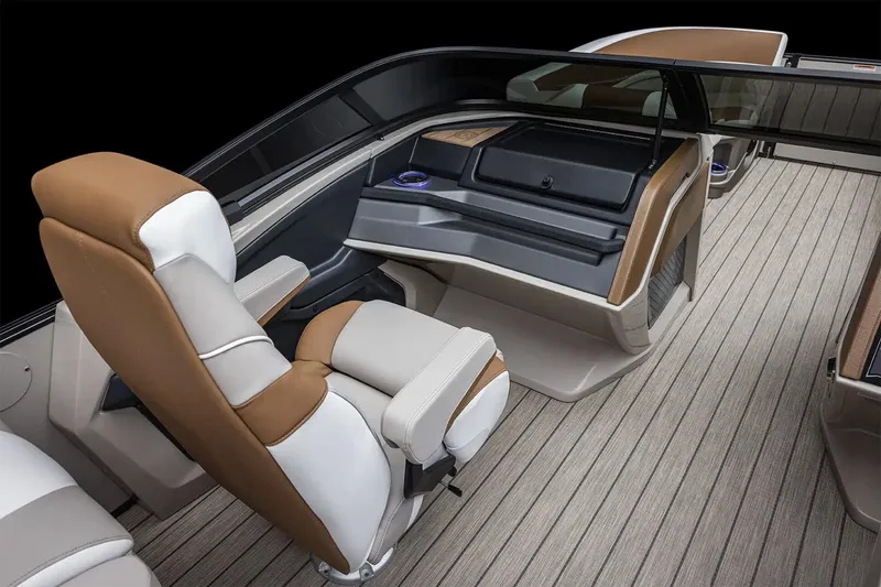 Slide: The Image of Manufacturer Provided Image: 2025 Avalon Catalina Quad Lounger Windshield interior with luxurious seating and modern dashboard. - 6