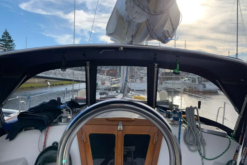 Slide: The Image of Interior view of a 1992 Catalina 42 sailboat in harbor. - 11