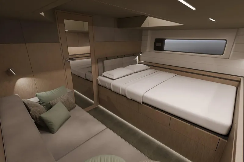 Slide: The Image of Luxurious cabin interior of 2026 Aiata Sunfinder 50 yacht, featuring a cozy bed and modern design. - 10