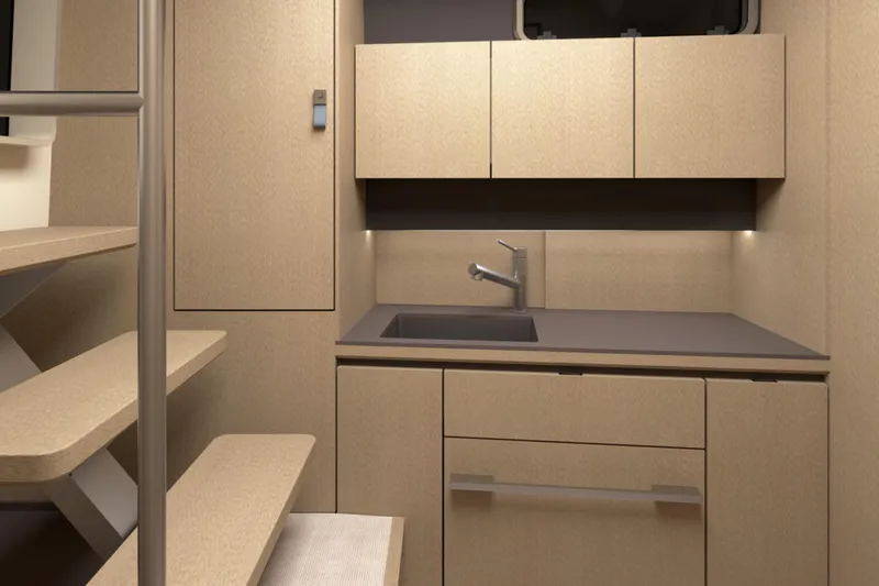 Slide: The Image of Modern kitchen interior of 2026 Aiata Sunfinder 50 yacht, featuring sleek cabinetry and compact design. - 5