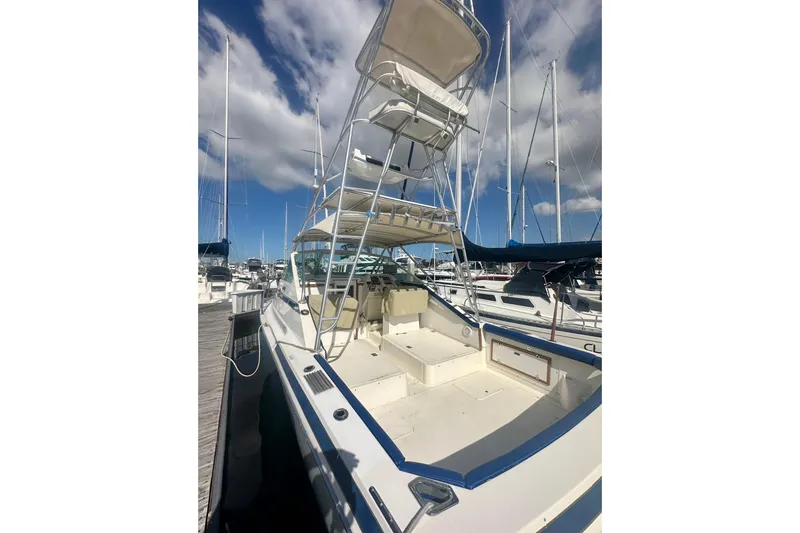 Slide: The Image of 1985 Bertram 28 Bahia Mar boat docked at marina under blue sky. - 3