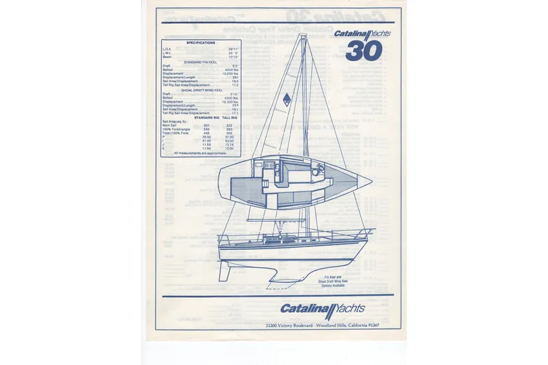 Slide: The Image of Blueprint of 1981 Catalina 30 sailboat with specifications and interior layout. - 21