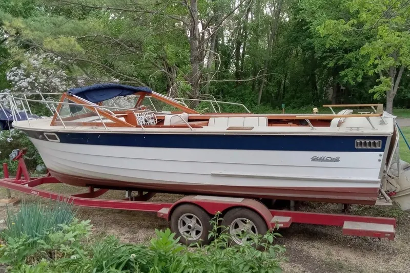 Slide: The Image of 1990 Skiff Craft 26' Runabout on red trailer, surrounded by lush greenery. - 3