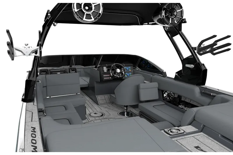 Slide: The Image of Manufacturer Provided Image: 2026 Moomba Craz boat interior with sleek gray seating and advanced dashboard features. - 41