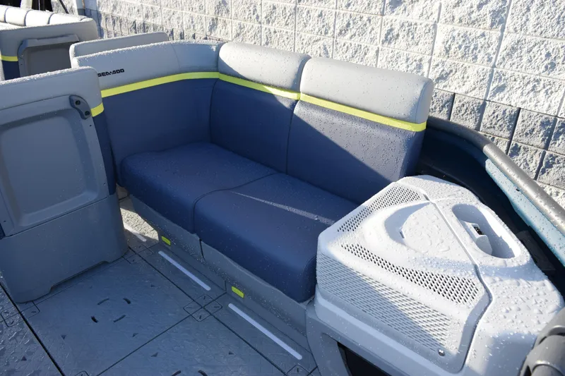 Slide: The Image of 2026 Sea-Doo Switch Cruise Limited 21 interior seating with modern design and wet surfaces. - 6