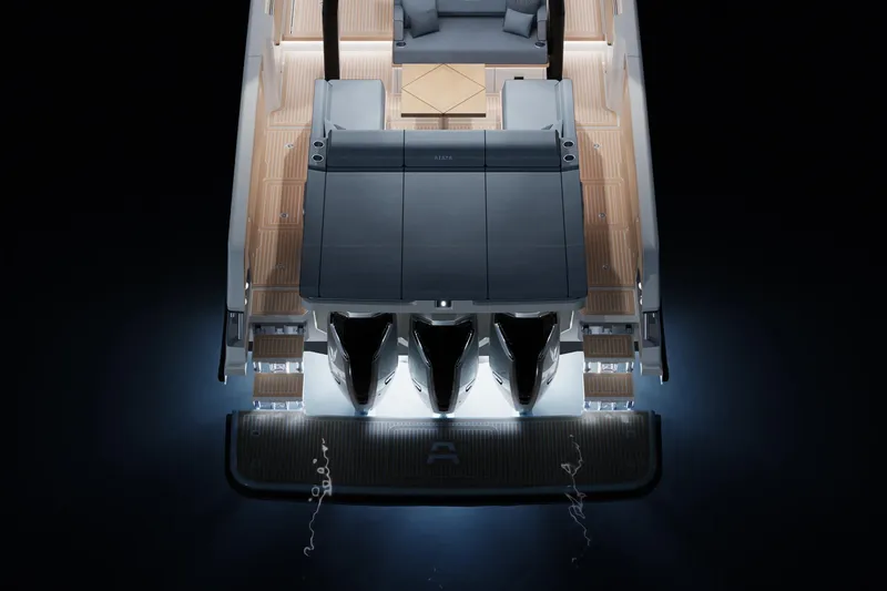 Slide: The Image of 2026 Aiata Sunfinder 50 yacht, illuminated deck, sleek design, powerful engines, luxury boating. - 2