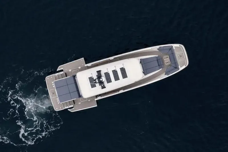 Slide: The Image of Aerial view of Aiata Sunfinder 50 yacht, 2026 model, on open sea. - 3
