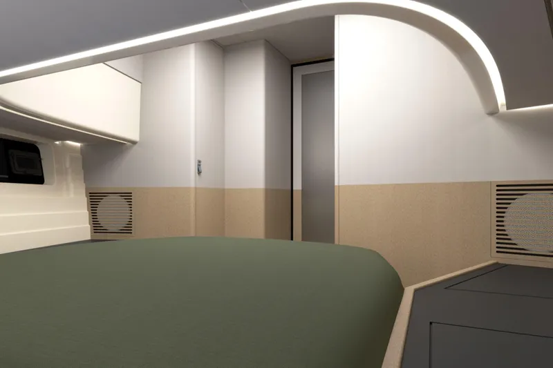 Slide: The Image of Modern interior of Aiata Sunfinder 50 yacht, 2026 model, featuring sleek design and ambient lighting. - 7