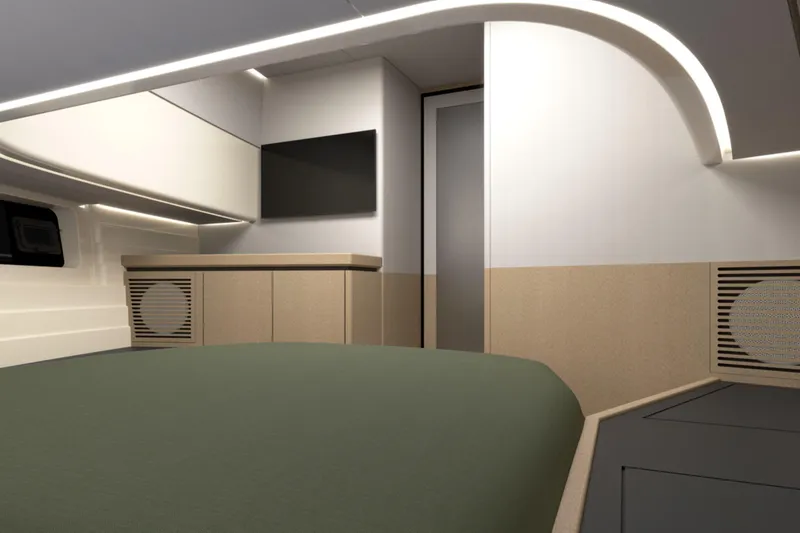 Slide: The Image of Modern interior of Aiata Sunfinder 50 yacht, 2026 model, featuring sleek design and ambient lighting. - 6