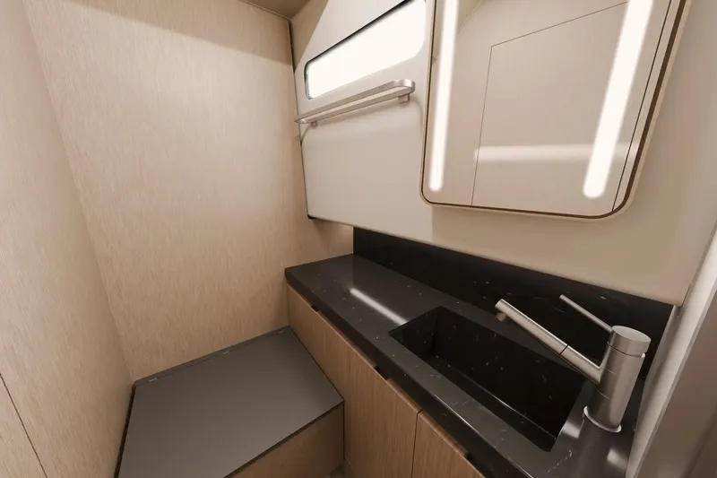 Slide: The Image of Modern bathroom interior of Aiata Sunfinder 50 yacht, 2026 model, featuring sleek design and fixtures. - 8