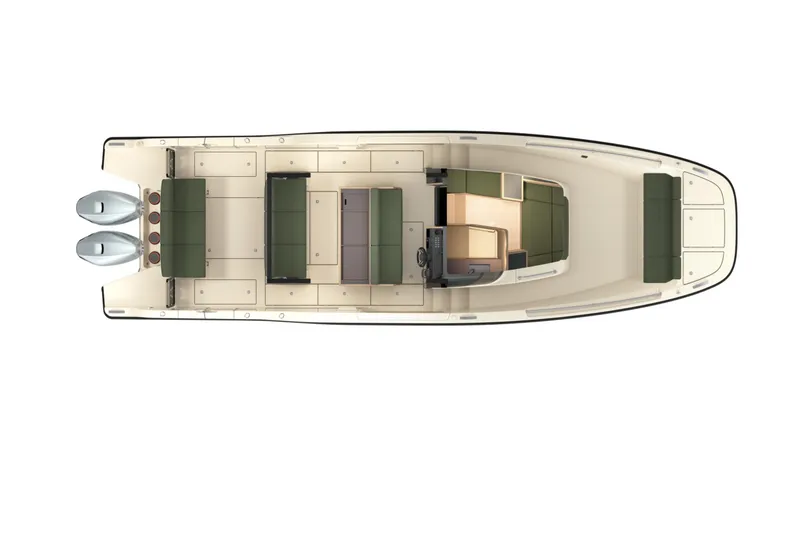 Slide: The Image of Top view of 2026 Aiata Sunfinder 38 boat with dual engines and spacious seating. - 10