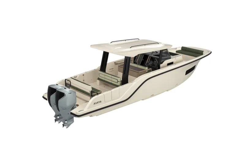 Slide: The Image of 2026 Aiata Sunfinder 38 boat with dual engines, sleek design, and spacious seating. - 8
