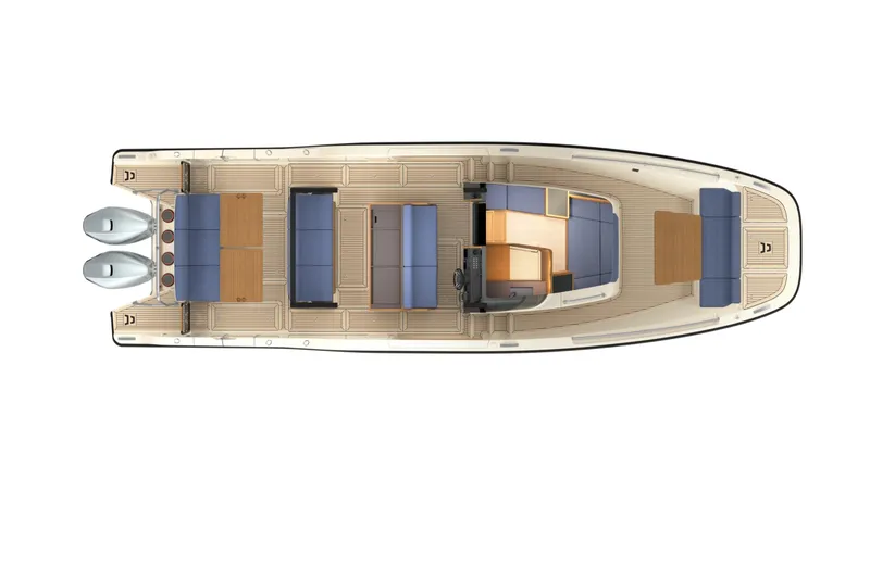 Slide: The Image of Top view of 2026 Aiata Sunfinder 38 boat with dual engines and spacious seating. - 11
