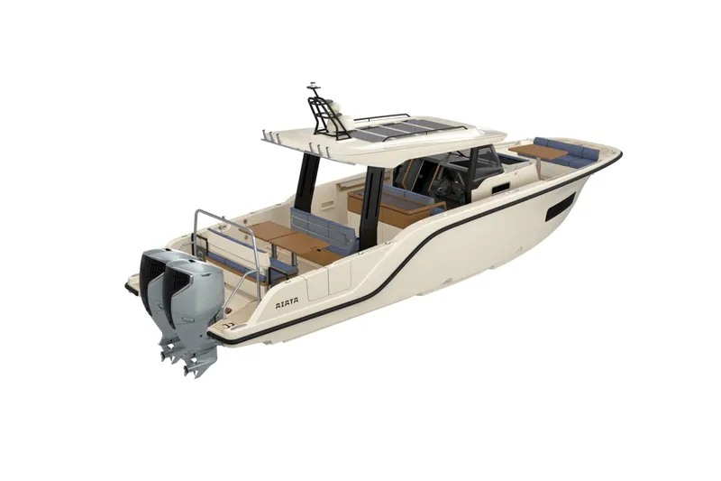 Slide: The Image of 2026 Aiata Sunfinder 38 boat with dual outboard motors, sleek design, and spacious seating. - 9