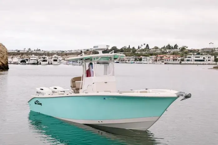 Slide: The Image of 2019 Carolina Skiff 27' Center Console boat on calm water, coastal background. - 1