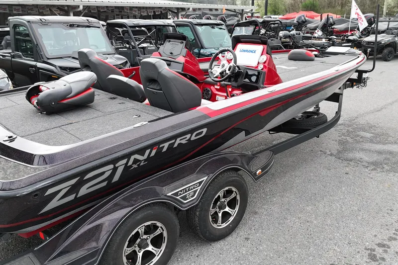 Slide: The Image of 2025 Nitro Z21 XL Pro boat on trailer, featuring sleek design and modern equipment. - 7