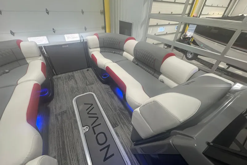 Slide: The Image of 2025 Avalon Catalina Cruise Rear Bench Windshield with luxurious seating and ambient lighting. - 7