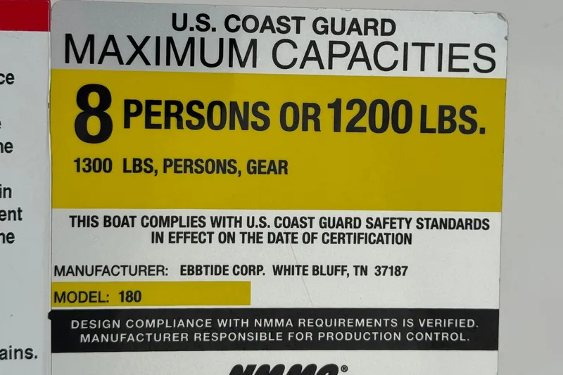 Slide: The Image of 2007 Ebbtide 180 SE boat capacity label, 8 persons or 1200 lbs, U.S. Coast Guard compliant. - 26