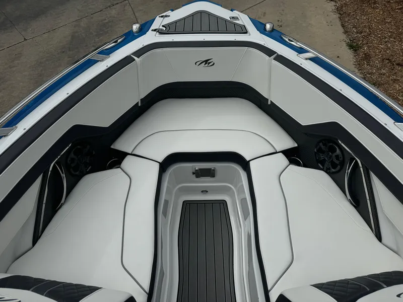 Slide: The Image of 2018 Monterey 258 Super Sport boat interior with white seating and sleek design. - 31