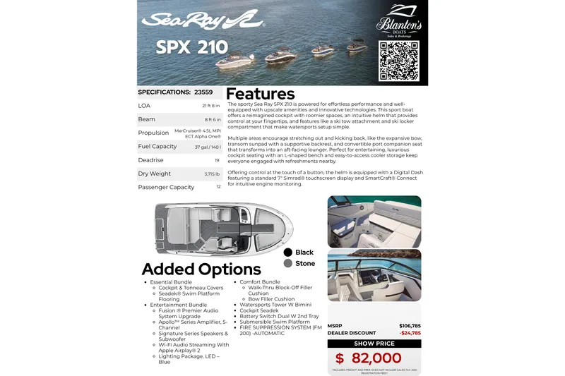 Slide: The Image of 2026 Sea Ray SPX 210 boat brochure with features, specifications, and pricing details. - 29