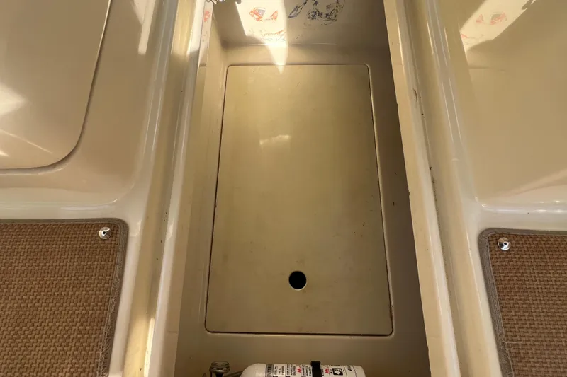 Slide: The Image of 2016 Chris-Craft Calypso 26 boat storage compartment with fire extinguisher. - 39