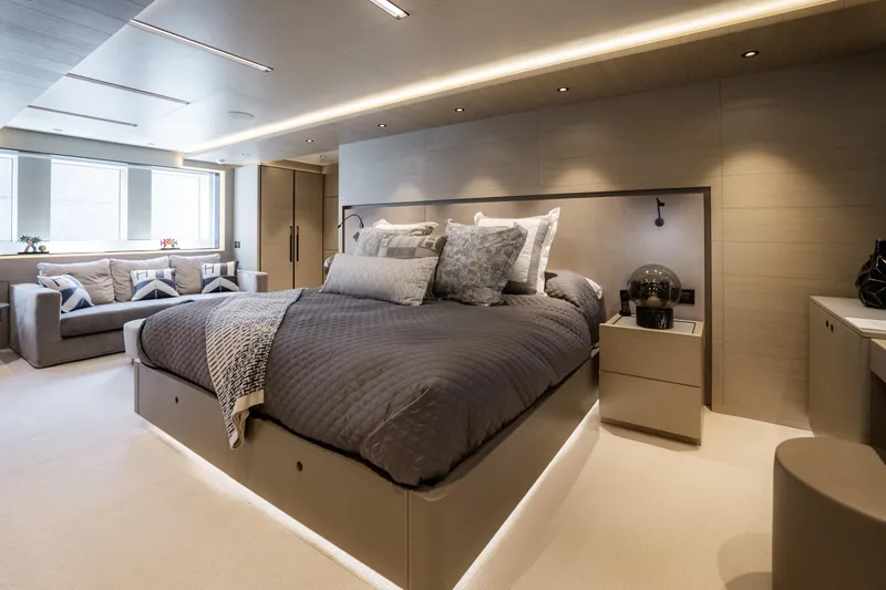 Slide: The Image of Luxurious bedroom interior on Alpha Alfresco 125 yacht, featuring modern design and elegant furnishings. - 26