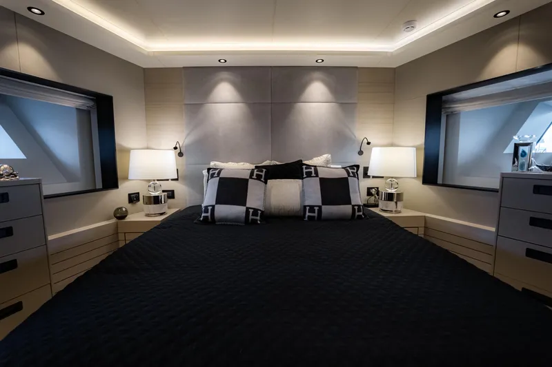 Slide: The Image of Luxurious bedroom interior on 2020 Alpha Alfresco 125 yacht, featuring elegant lighting and modern decor. - 29