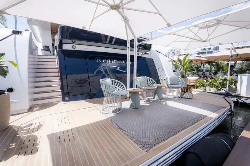 Slide: The Image of Luxury yacht deck with stylish seating, shaded by umbrellas, on the 2020 Alpha Alfresco 125. - 43