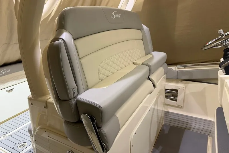 Slide: The Image of Luxurious seating in the 2023 Scout 330 LXF boat. - 29