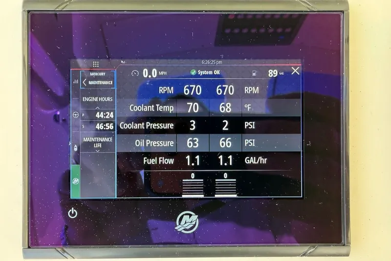 Slide: The Image of Scout 330 LXF 2023 boat display showing engine and fuel data. - 38
