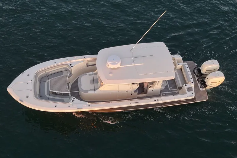 Slide: The Image of Scout 330 LXF 2023 on water, aerial view. - 5