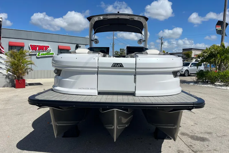 Slide: The Image of 2026 Avalon 2785 Excalibur Carbon Series Tri Toon boat with twin Mercury Racing 500R engines. - 3