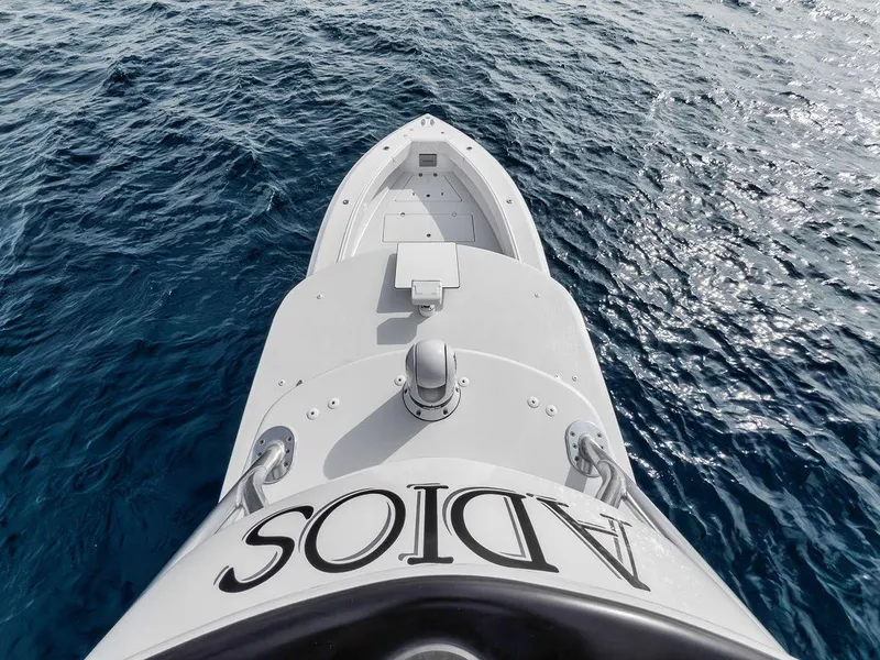 Slide: The Image of Bahama 41 boat from 2010 on open sea, viewed from above. - 40