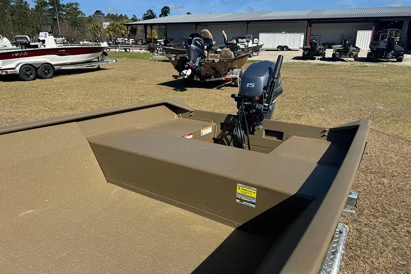 Slide: The Image of 2026 G3 Gator Tough 1548 VBW boat with outboard motor on display outdoors. - 11