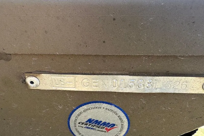 Slide: The Image of 2026 G3 Gator Tough 1548 VBW boat hull identification number and NMMA certification label. - 15