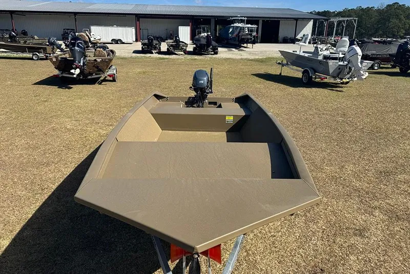 Slide: The Image of 2026 G3 Gator Tough 1548 VBW boat on trailer, outdoor display area. - 7