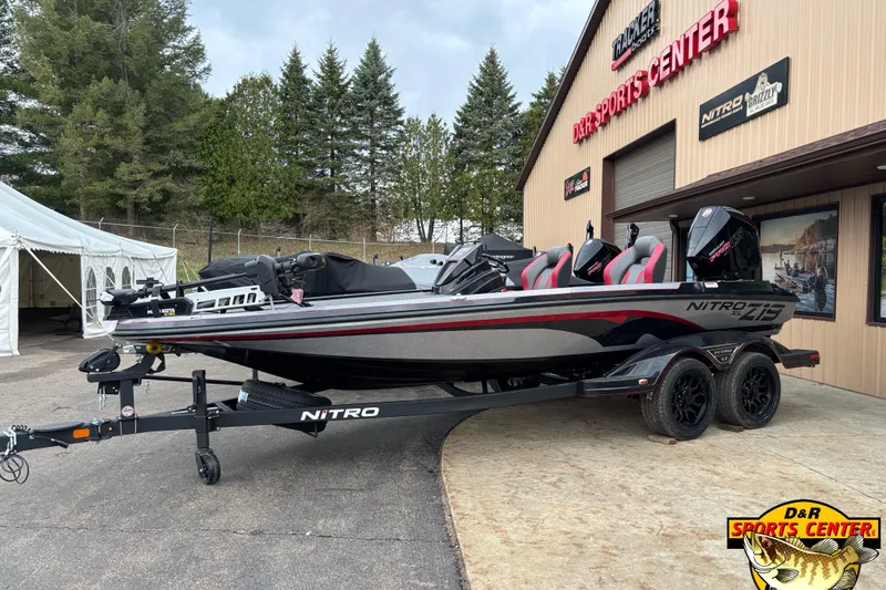 The Image of 2026 Nitro Z19 XL Pro boat at D&R Sports Center, parked on a trailer. - 0