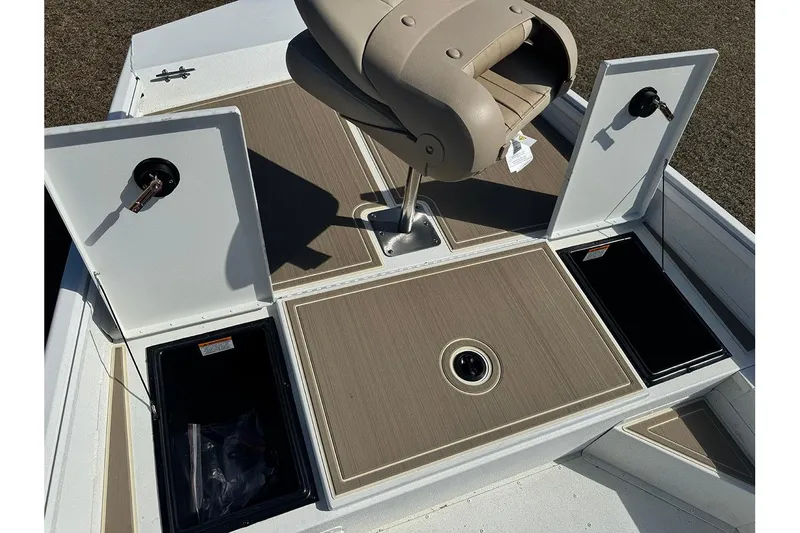 Slide: The Image of 2026 G3 Bay 17 boat deck with storage compartments and seating. - 16
