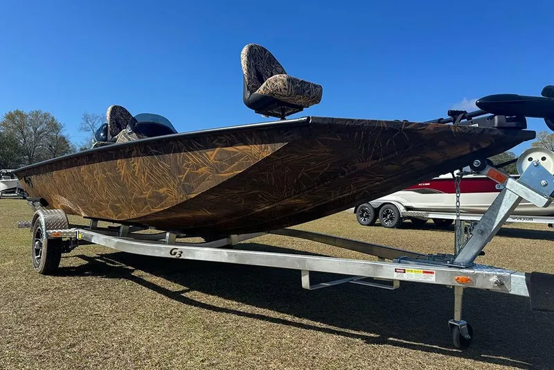 Slide: The Image of 2026 G3 Sportsman 1710 boat on trailer, featuring camouflage design under clear blue sky. - 11