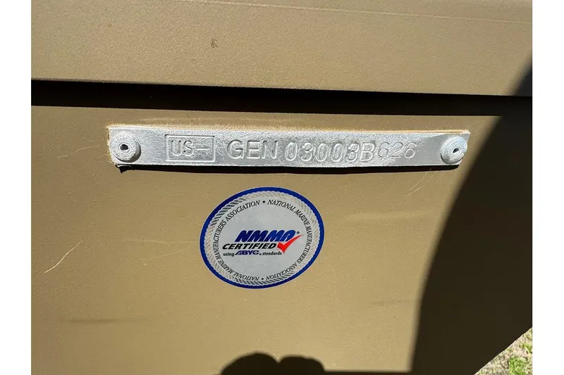 Slide: The Image of 2026 G3 Gator Tough 1652 VBW boat with NMMA certification label and serial number. - 14