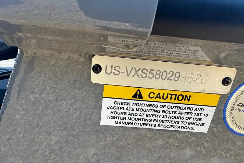 Slide: The Image of Hull identification number and caution label on 2026 Vexus AVX 2080 boat. - 40