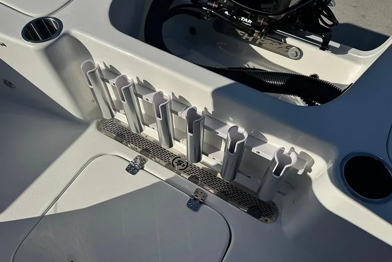 Slide: The Image of 2026 Sea Pro 202 Center Console boat rod holders and cup holder detail. - 39