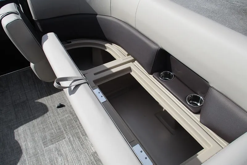 Slide: The Image of 2026 Bentley Pontoons LE 180 CR interior storage with cup holders and seating. - 12