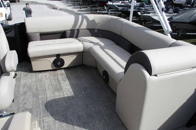 Slide: The Image of 2026 Bentley Pontoons LE 180 CR interior with luxurious seating and modern design. - 16