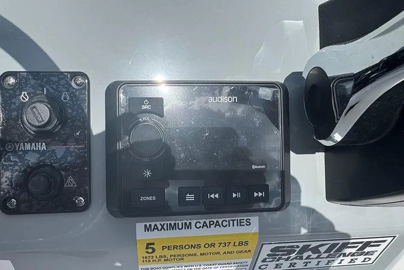 Slide: The Image of Control panel of 2026 Sea Pro 172 Bay boat with Yamaha and Audison systems. - 22