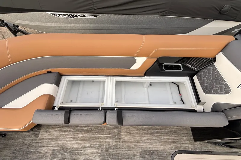 Slide: The Image of 2026 Viaggio Diamante U 26 boat interior with open storage compartment and stylish seating. - 21