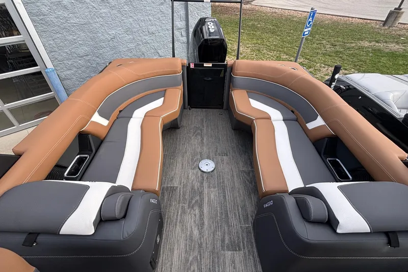 Slide: The Image of Luxurious seating on 2026 Viaggio Diamante U 26 boat, featuring elegant brown and gray upholstery. - 25